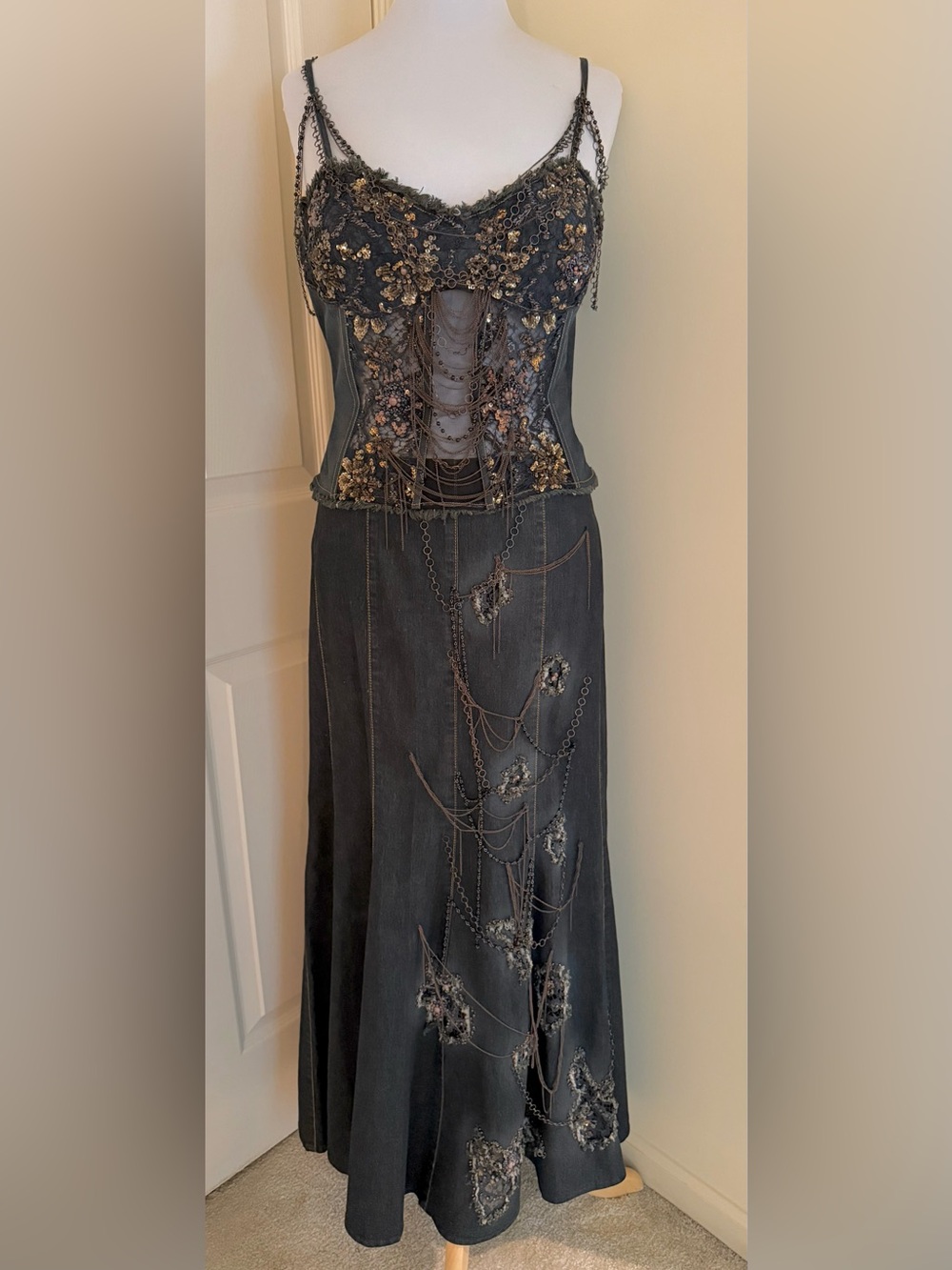 ORNA FARHO DENIM W/BEADING DRESSY 3 PSC SUIT TOP/SKIRT MANDALAY STYLE FR42/8US